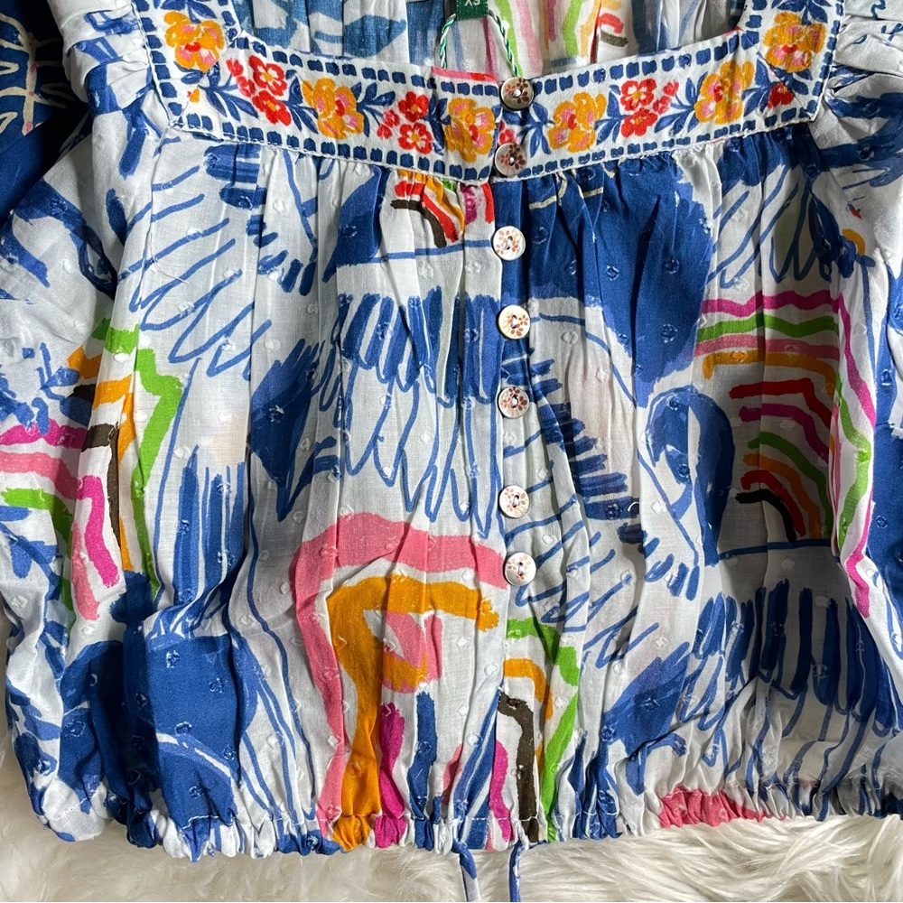 Farm Rio Wild Brazil Cotton Crop Top Drawstring Button Front Multicolor NWT XS - Picture 10 of 16